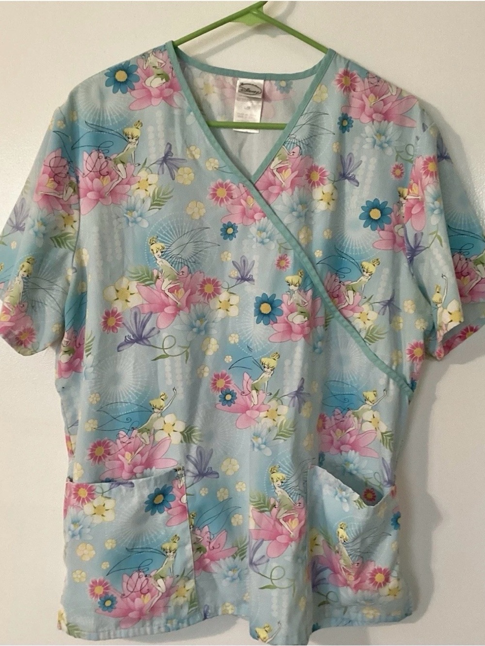 Disney Floral Tinker Bell Top - Light Blue & Pink Scrub Top Size L